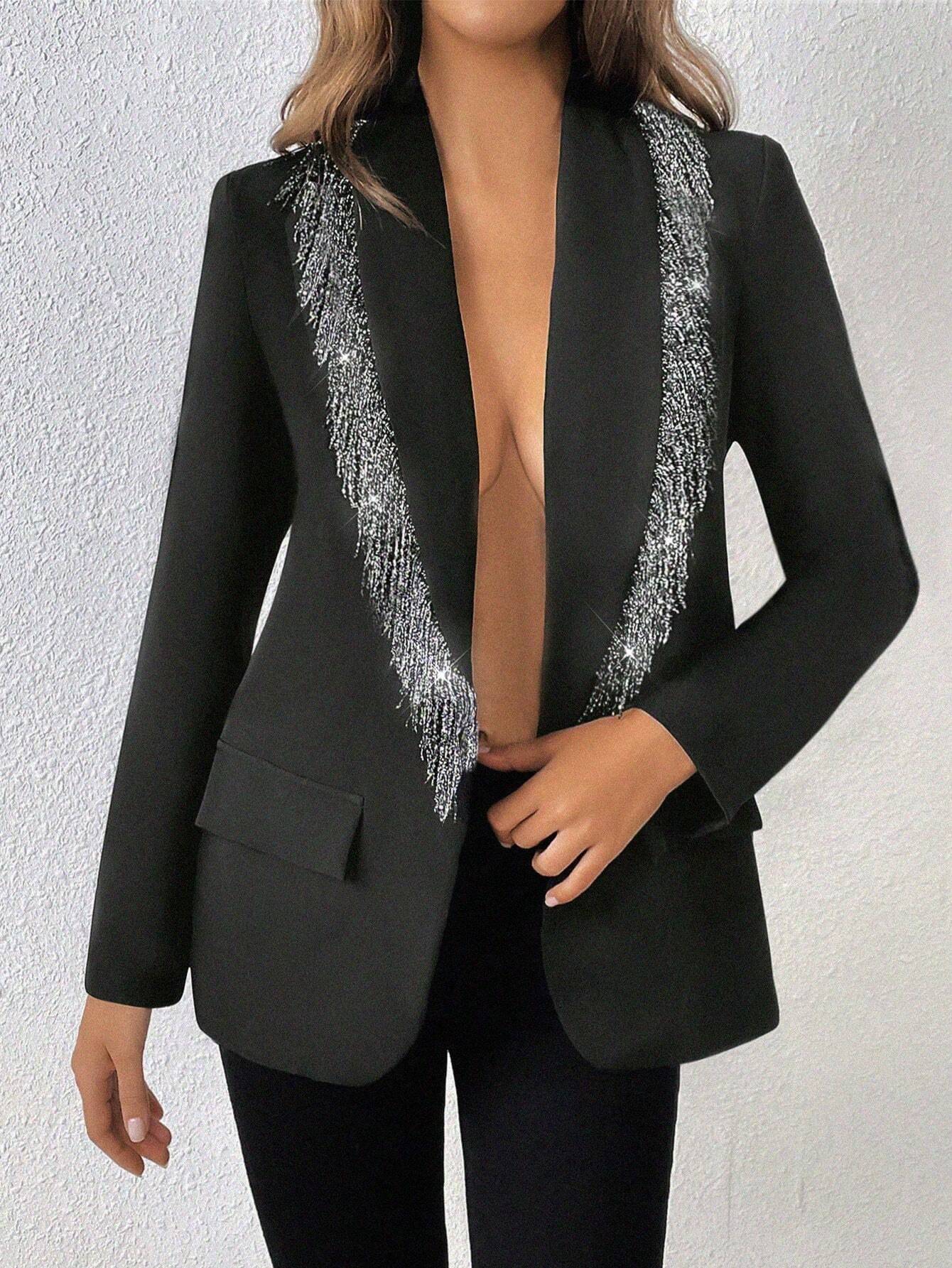 SHEIN Raffinéa Women's Solid Color Patchwork Fringe Long Sleeve Casual Blazer