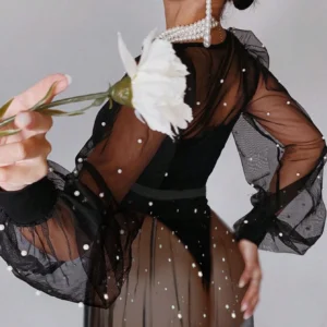 SHEIN Women Sexy Studded Pearl Jumpsuit & Side Slit Tie Sheer Sequin Tie Apron 2Pcs Set