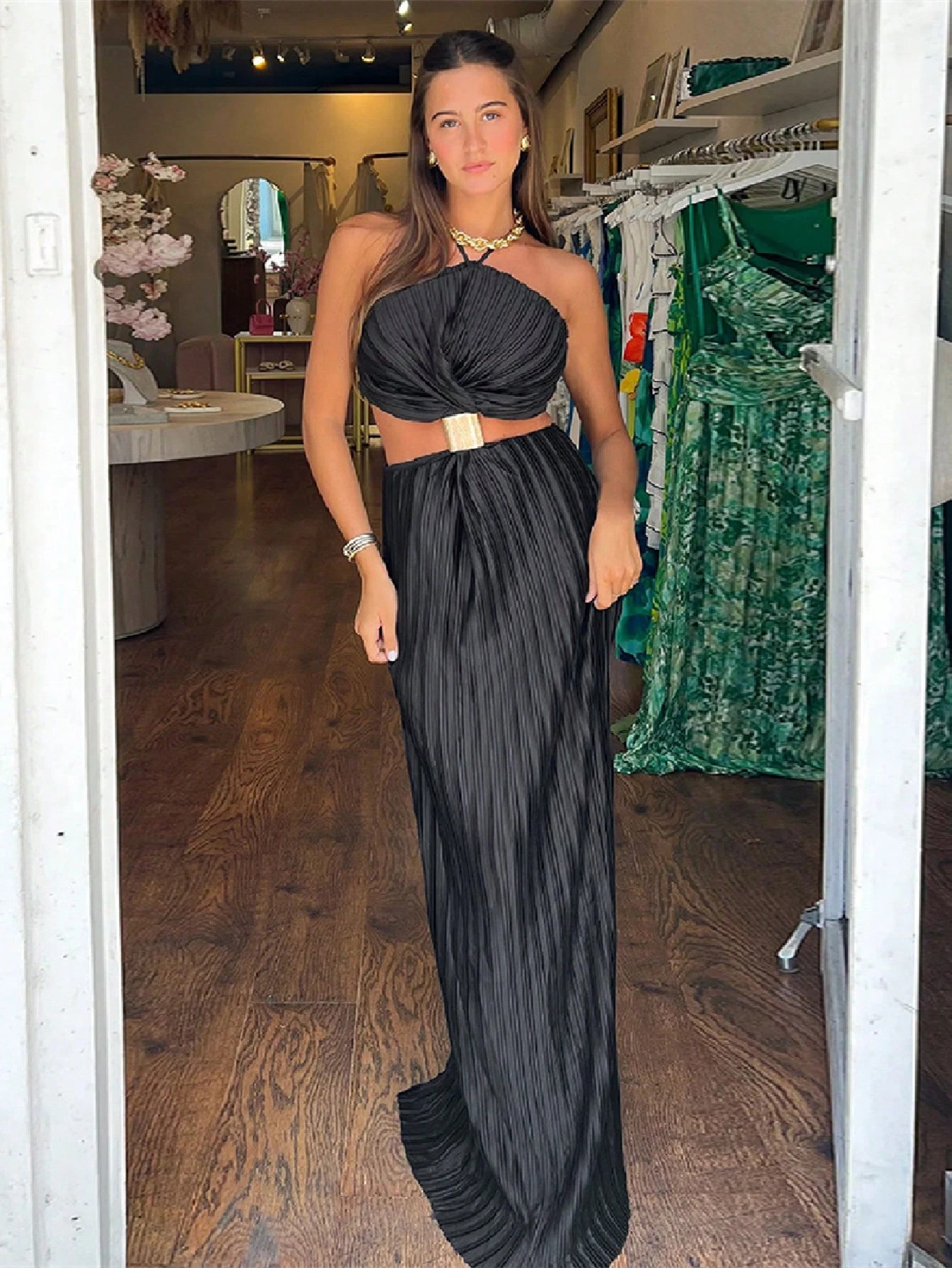 SHEIN Women's Pleated Sexy Backless Lace Up Back Slit Evening Dress