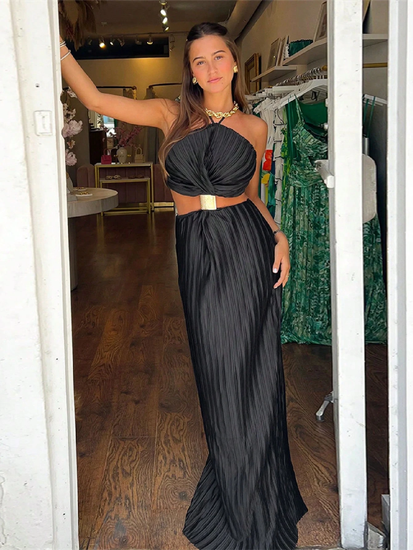 SHEIN Women's Pleated Sexy Backless Lace Up Back Slit Evening Dress