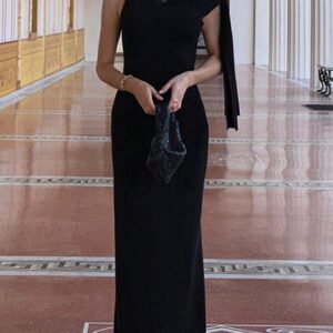 SHEIN Elegant Solid Color Asymmetric Neck Long Sleeve Fitted Party Dress