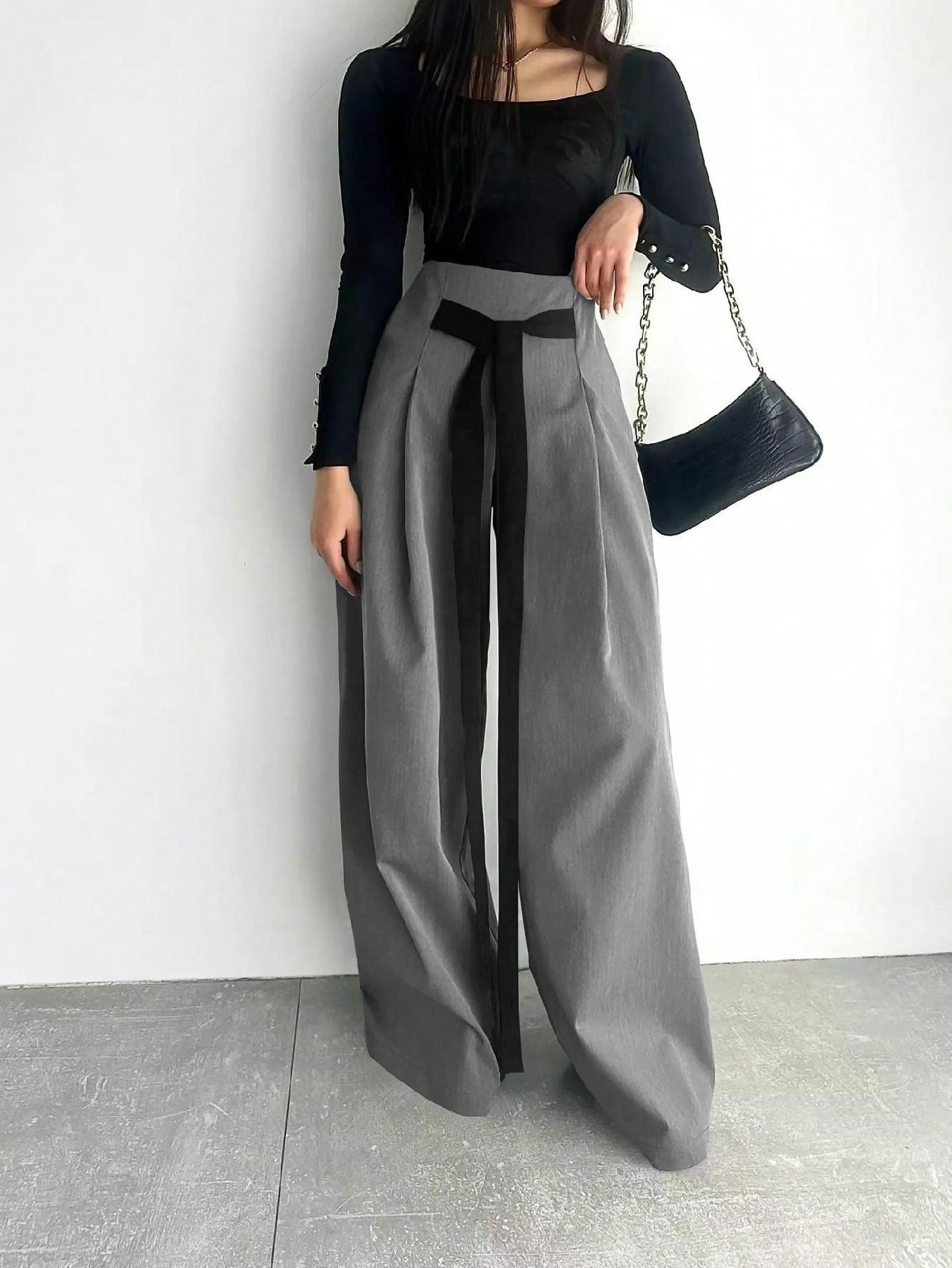 SHEIN Fashion Design Wide Leg Pants Solid Color Commute Slimming Long Trousers