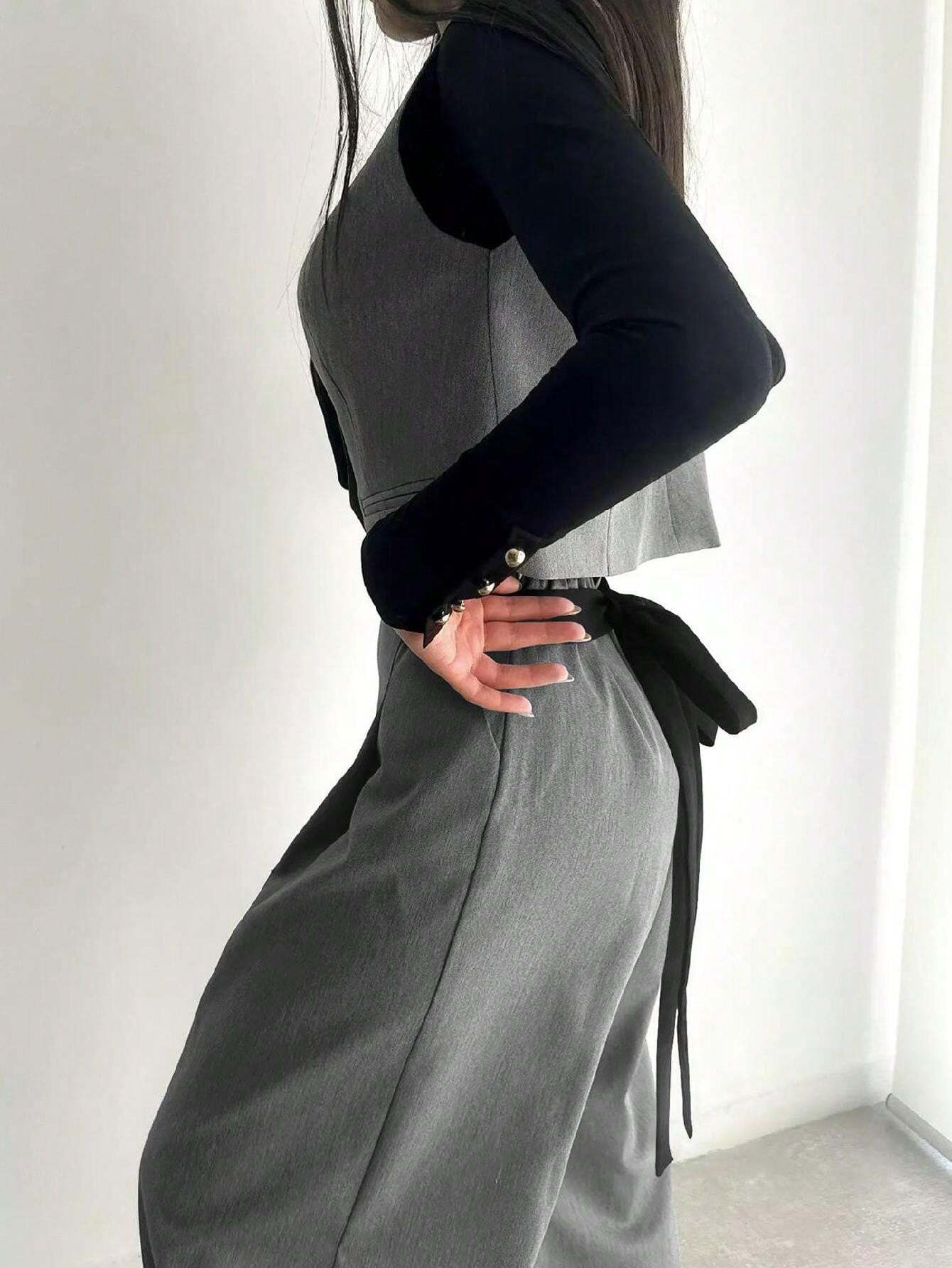 SHEIN Fashion Design Wide Leg Pants Solid Color Commute Slimming Long Trousers