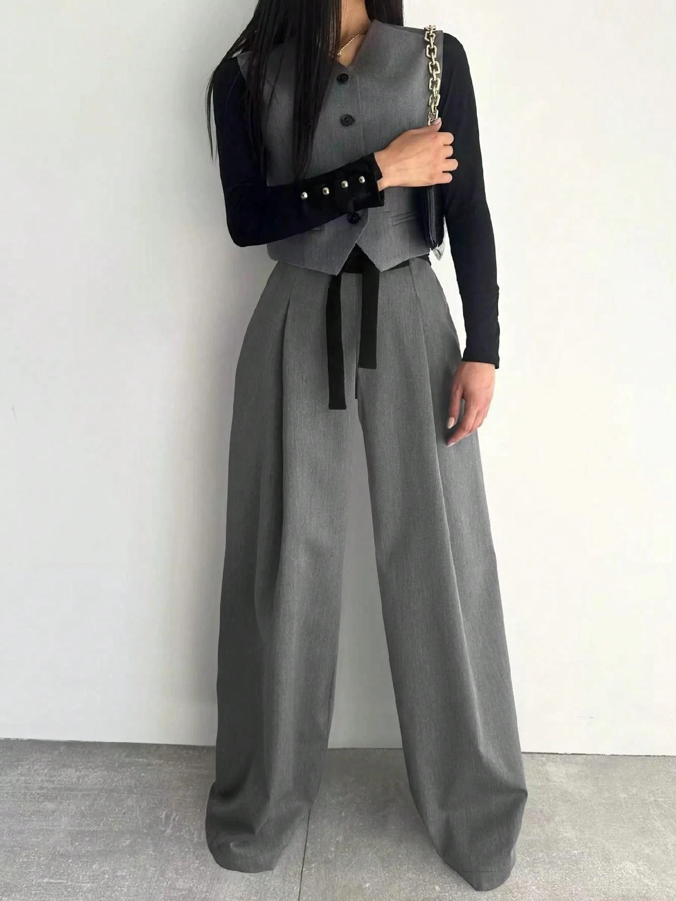 SHEIN Fashion Design Wide Leg Pants Solid Color Commute Slimming Long Trousers