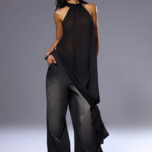 SHEIN MUSERA Sexy Extreme Split Halter Neck Backless Top