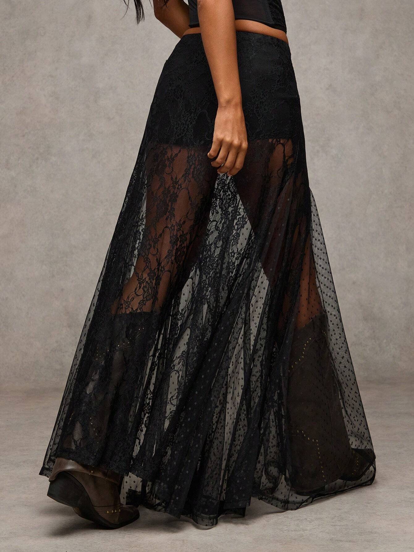 SHEIN BAE White Lace See Through Low Waist White Skirt