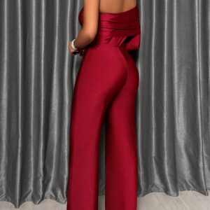 SOLERSUN Elegant Pleated Long Sleeve With Asymmetric Neckline One Shoulder Wide Leg Jumpsuit