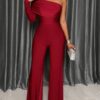 SOLERSUN Elegant Pleated Long Sleeve With Asymmetric Neckline One Shoulder Wide Leg Jumpsuit