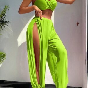 SHEIN Swim Vcay New Solid Color Long Pants + Bandeau Bikini Set,Summer Beach