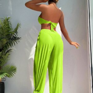 SHEIN Swim Vcay New Solid Color Long Pants + Bandeau Bikini Set,Summer Beach