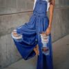 SHEIN Wide Leg Distressed Dungarees Jumpsuit Without Sleeve