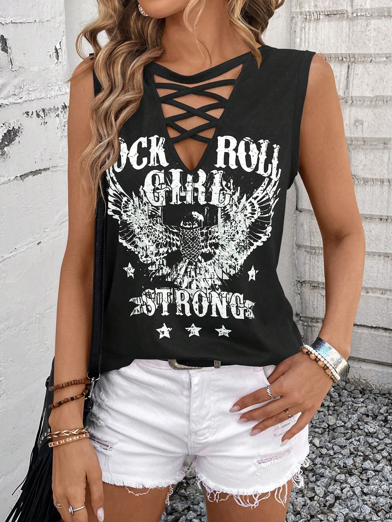 SHEIN LUNE Women's Simple Daily Cross V-Neck Printed Tank Top