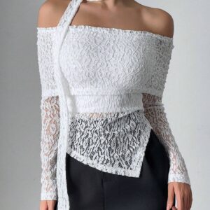 SHEIN Raffinéa Women's Lace Off Shoulder Off Shoulder Flowy T-Shirt