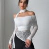 SHEIN Raffinéa Women's Lace Off Shoulder Off Shoulder Flowy T-Shirt