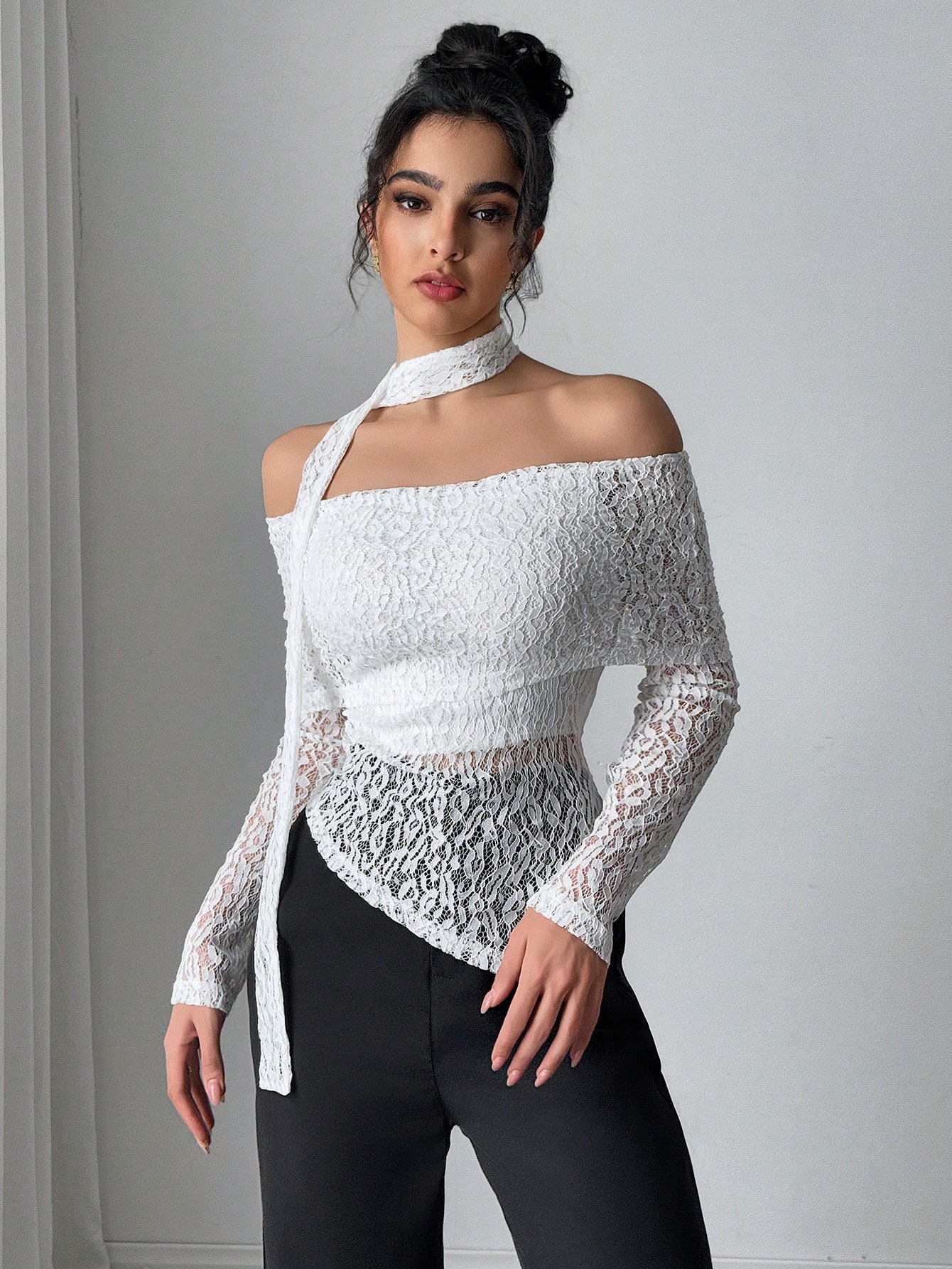 SHEIN Raffinéa Women's Lace Off Shoulder Off Shoulder Flowy T-Shirt