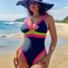 SHEIN Summer Multi Color Patchwork Sexy Deep V Waist Cinching One Piece Swimsuit
