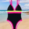 SHEIN Summer Multi Color Patchwork Sexy Deep V Waist Cinching One Piece Swimsuit