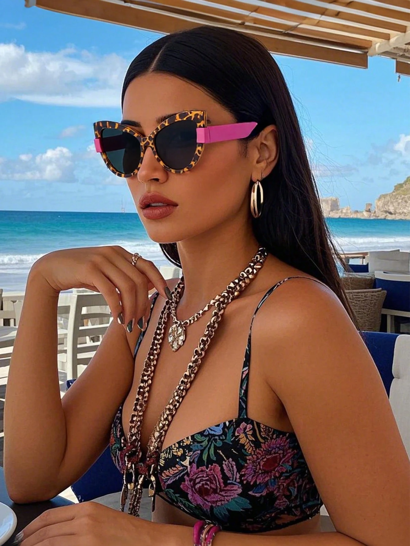 SHEIN Polarized Sunglasses For Men & Women, Retro Leopard Print Cat Eye