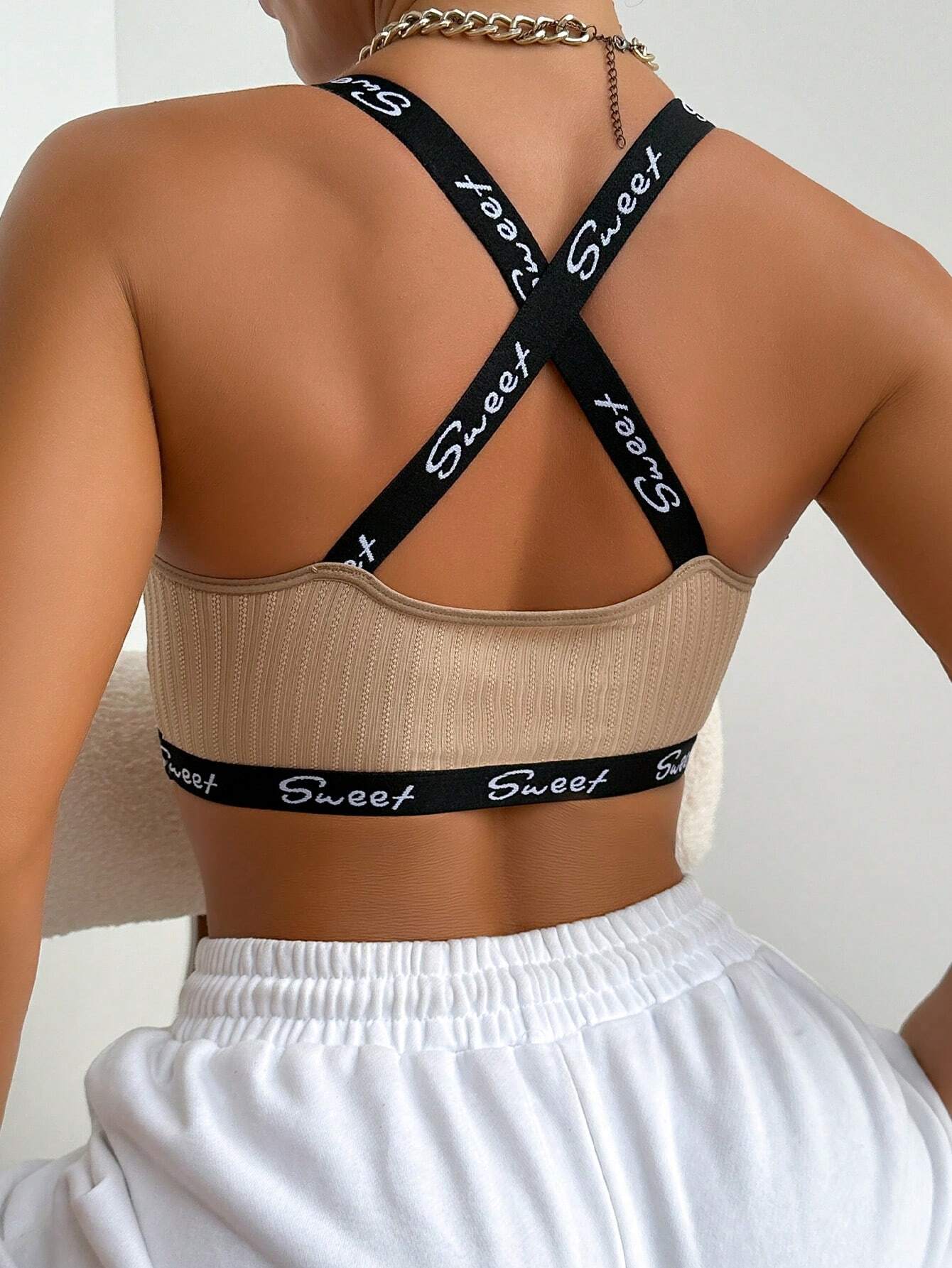 EasyFave Women's Simple Letter Textured Bra With Woven Band