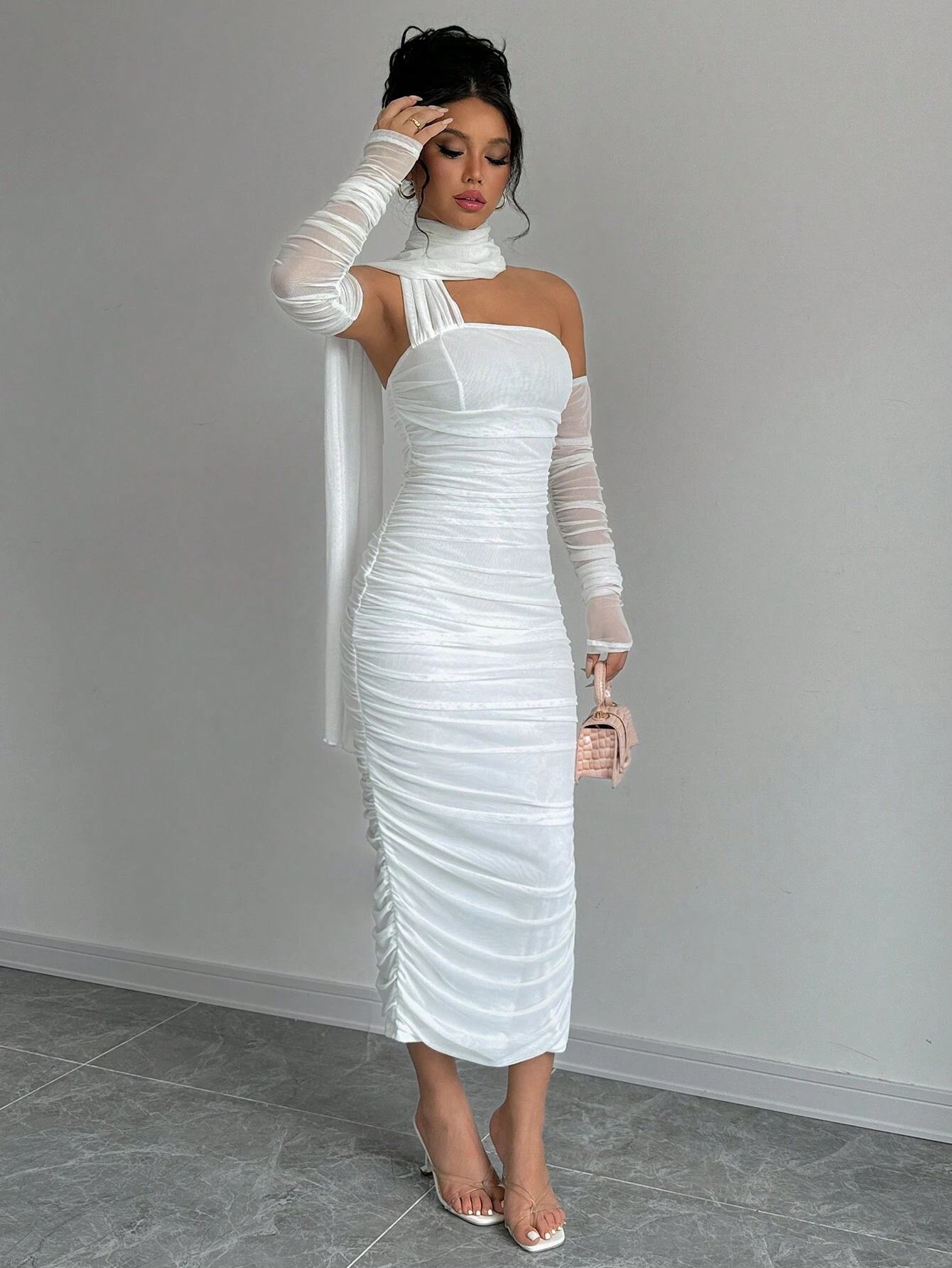 SHEIN Elenzga Women's Elegant Solid Long Sleeve White Long Dress