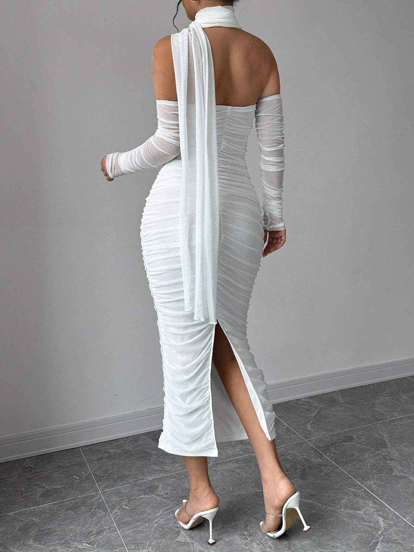 SHEIN Elenzga Women's Elegant Solid Long Sleeve White Long Dress