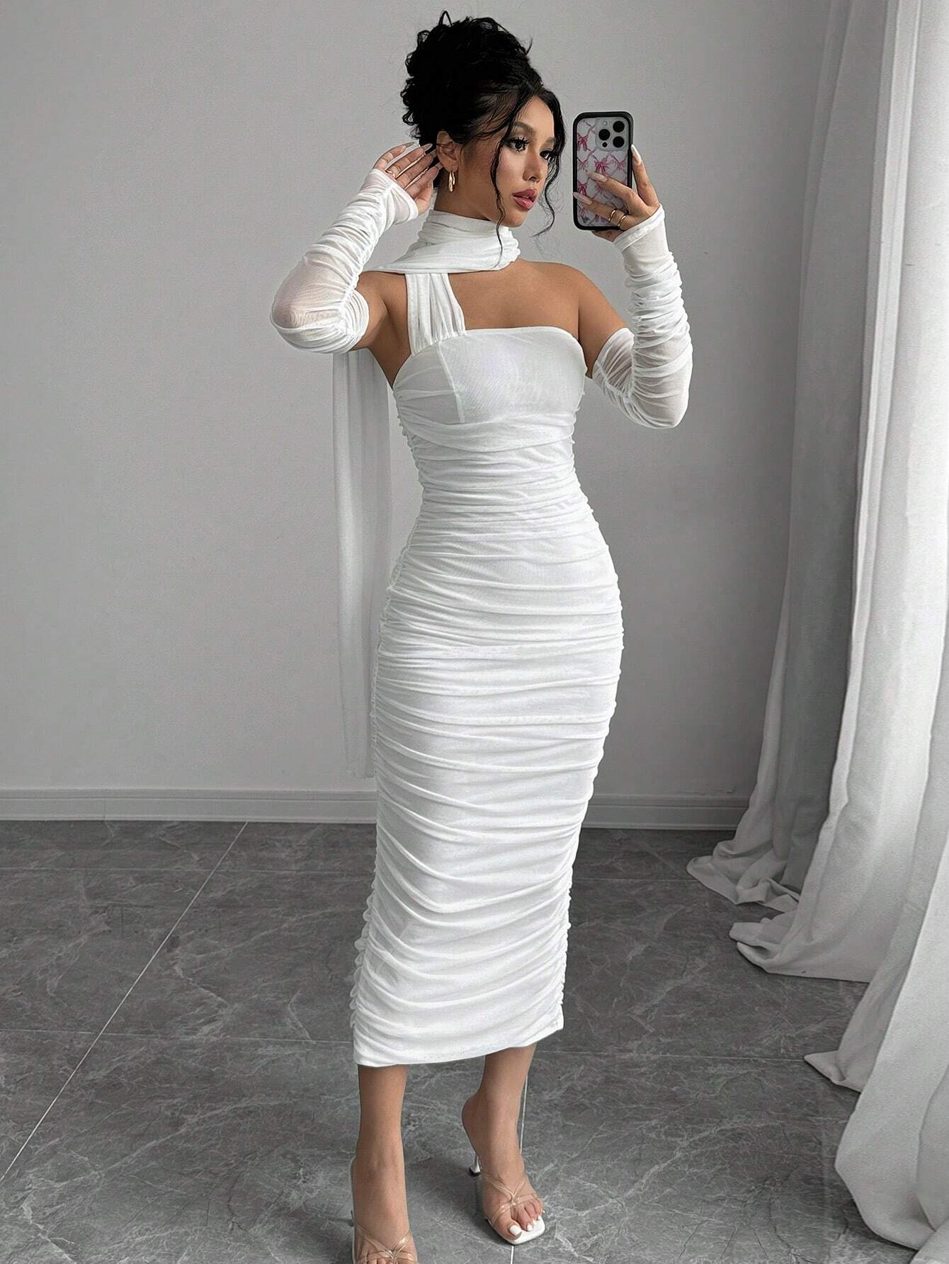 SHEIN Elenzga Women's Elegant Solid Long Sleeve White Long Dress