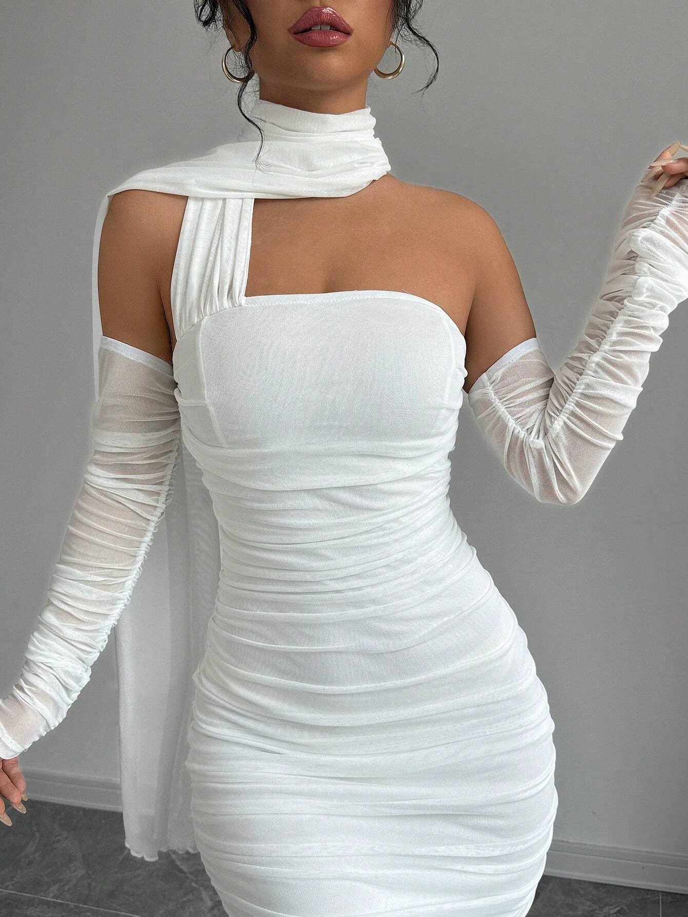 SHEIN Elenzga Women's Elegant Solid Long Sleeve White Long Dress