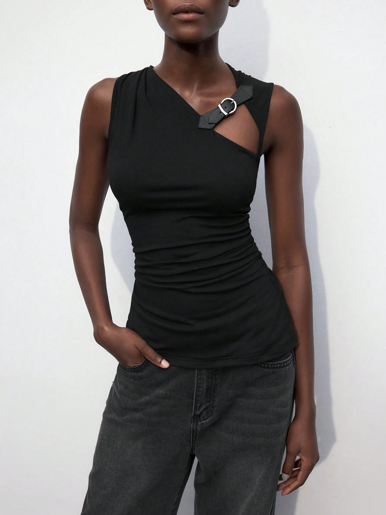 SHEIN Maija Women's Black Slim-Fit Rivet Embellished Chic Urban Versatile Top