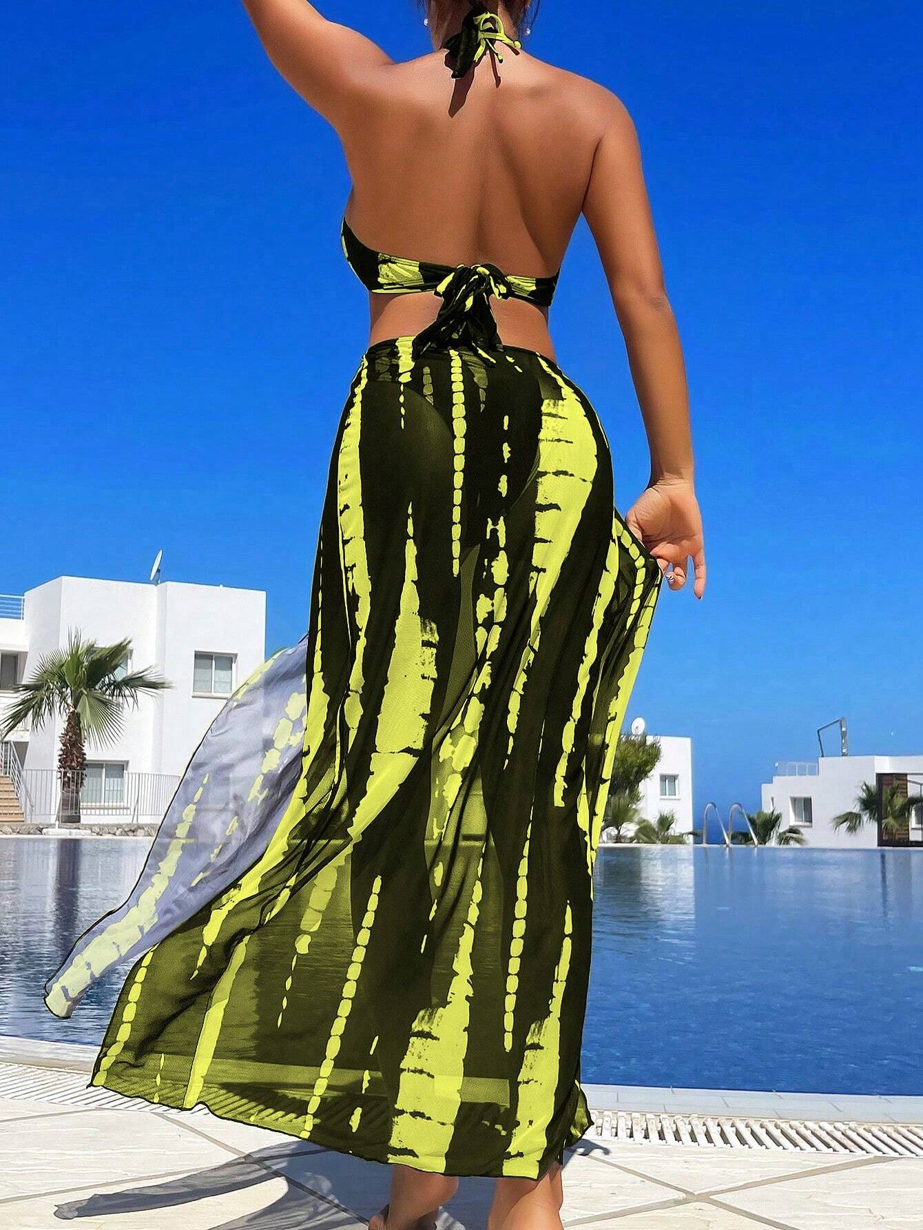 SHEIN Swim Summer Beach Tie-Dye Metal Ring Cutout Backless