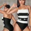 SHEIN Shapewave Women's One-Piece Black And White Contrast Swimsuit