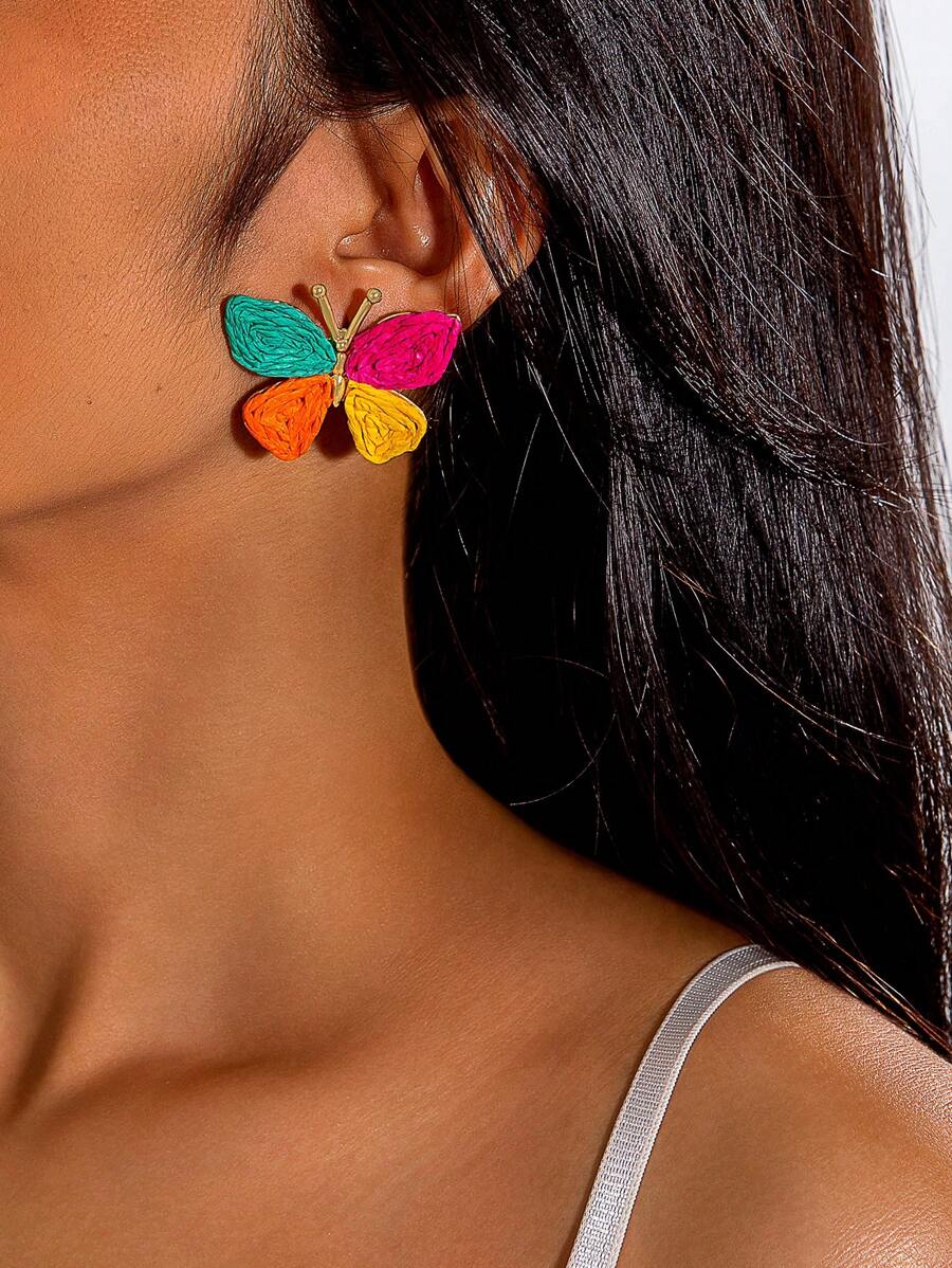 SHEIN imoli 1 Pair Bohemian Vacation Vibe Alloy Colorful Braided Raffia Butterfly Stud Earrings