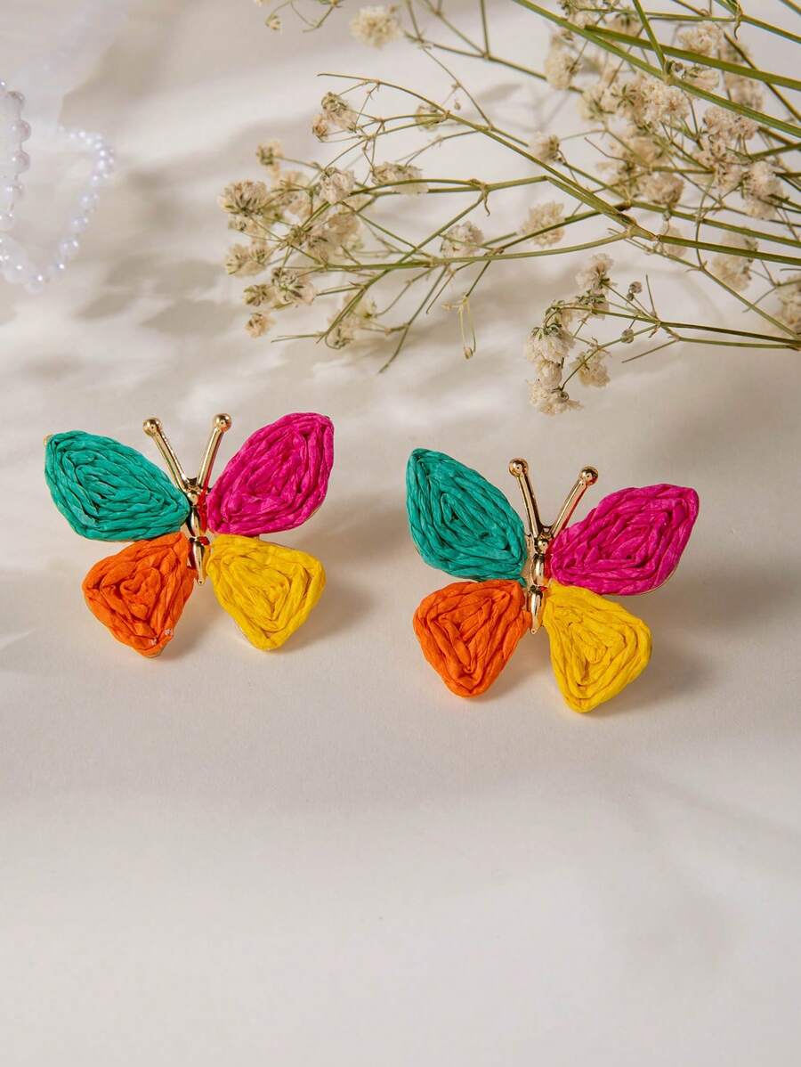 SHEIN imoli 1 Pair Bohemian Vacation Vibe Alloy Colorful Braided Raffia Butterfly Stud Earrings