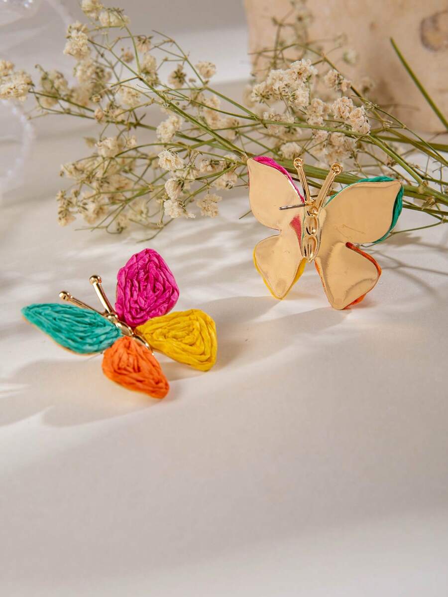 SHEIN imoli 1 Pair Bohemian Vacation Vibe Alloy Colorful Braided Raffia Butterfly Stud Earrings