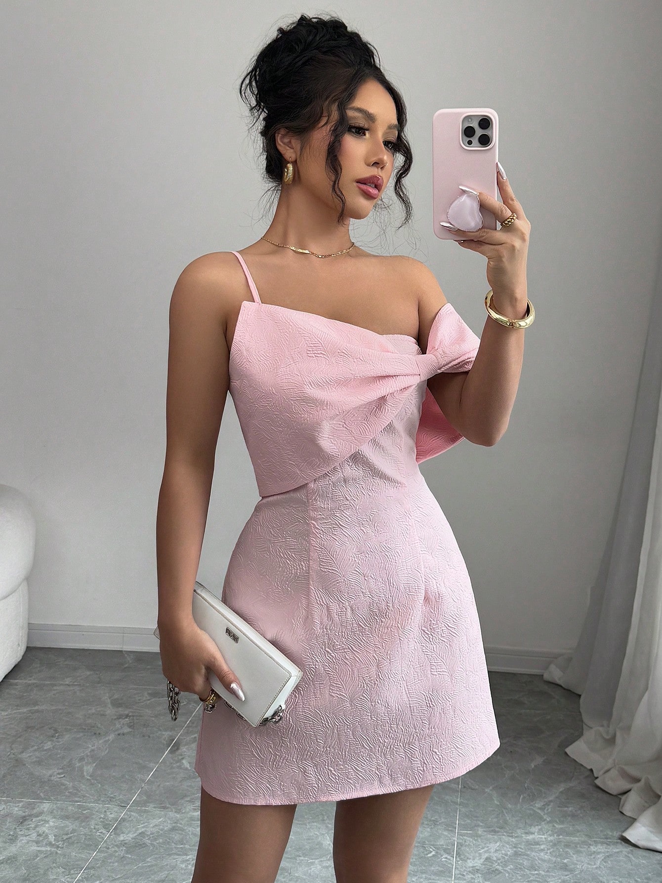 SHEIN Modelyn Women Woven Jacquard Pink Bowknot Hem Short Dress