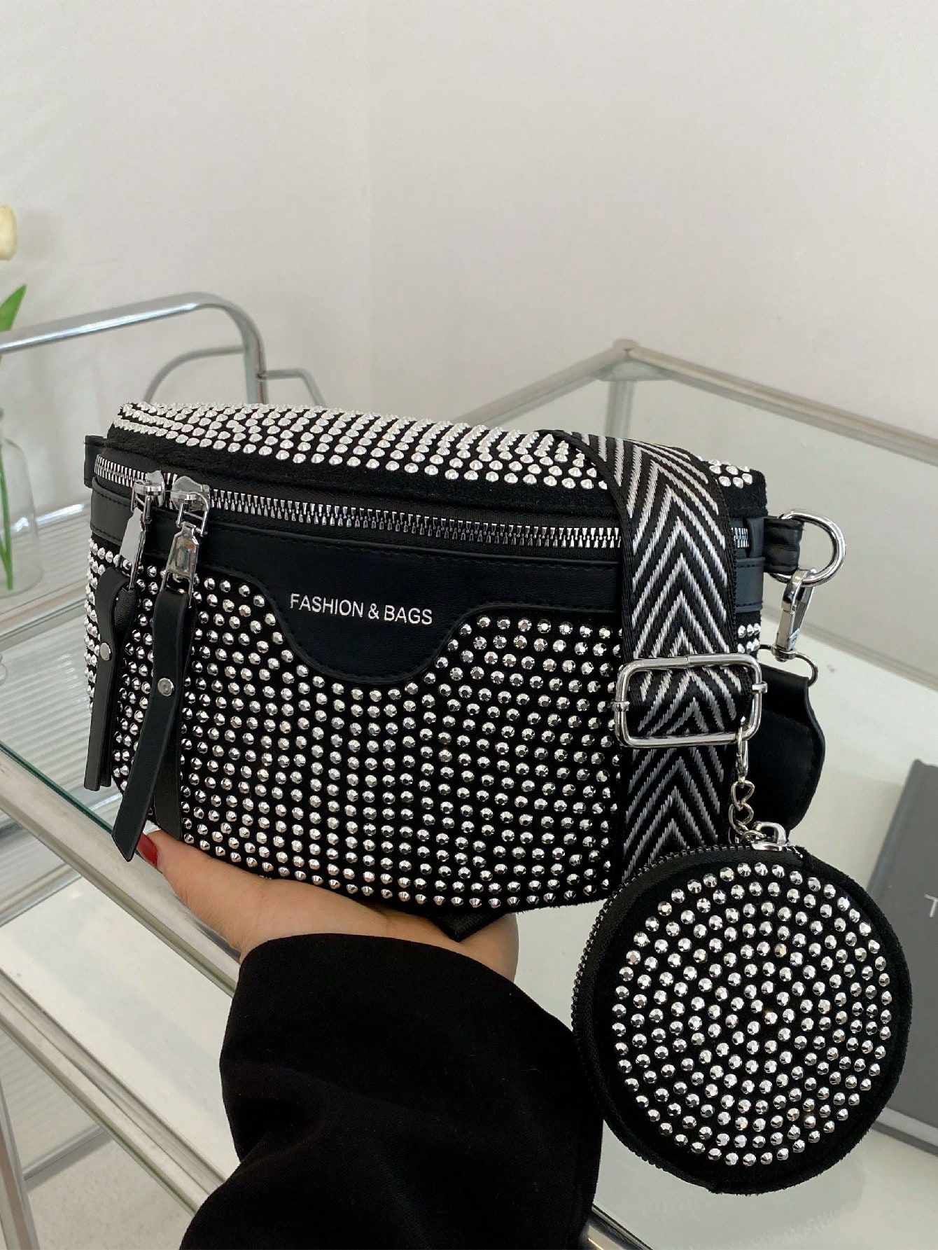 SHEIN 2pcs/Set Bling Rhinestone Fanny Pack & Chest Bag