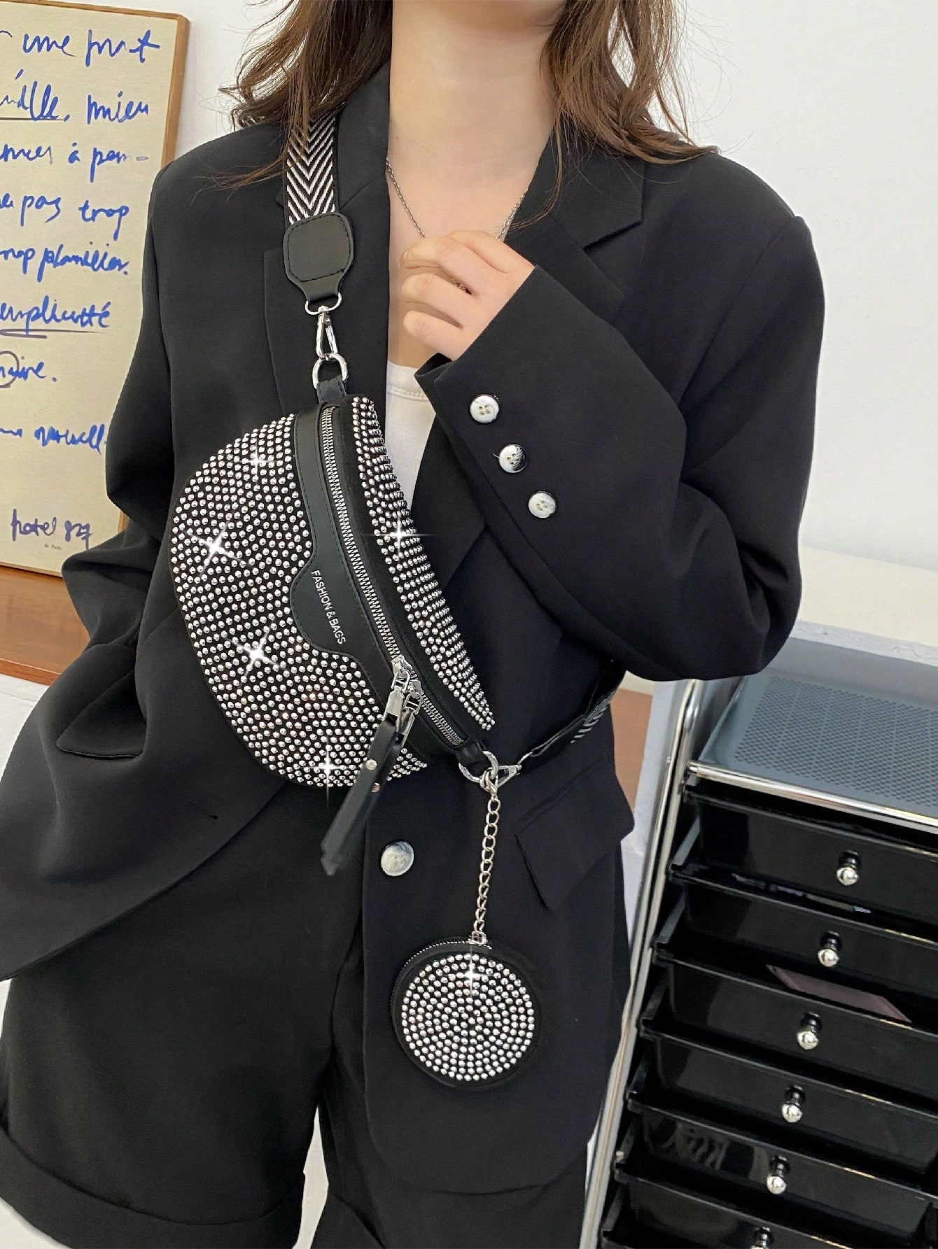 SHEIN 2pcs/Set Bling Rhinestone Fanny Pack & Chest Bag