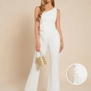 SHEIN Amorya Women's Elegant 3D Flower Decor Asymmetric Collar Flare Leg White Jumpsuit