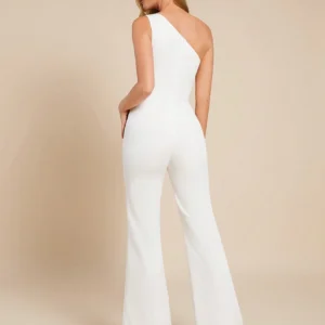 Alternative view of SHEIN Amorya Women's Elegant 3D Flower Decor Asymmetric Collar Flare Leg White Jumpsuit