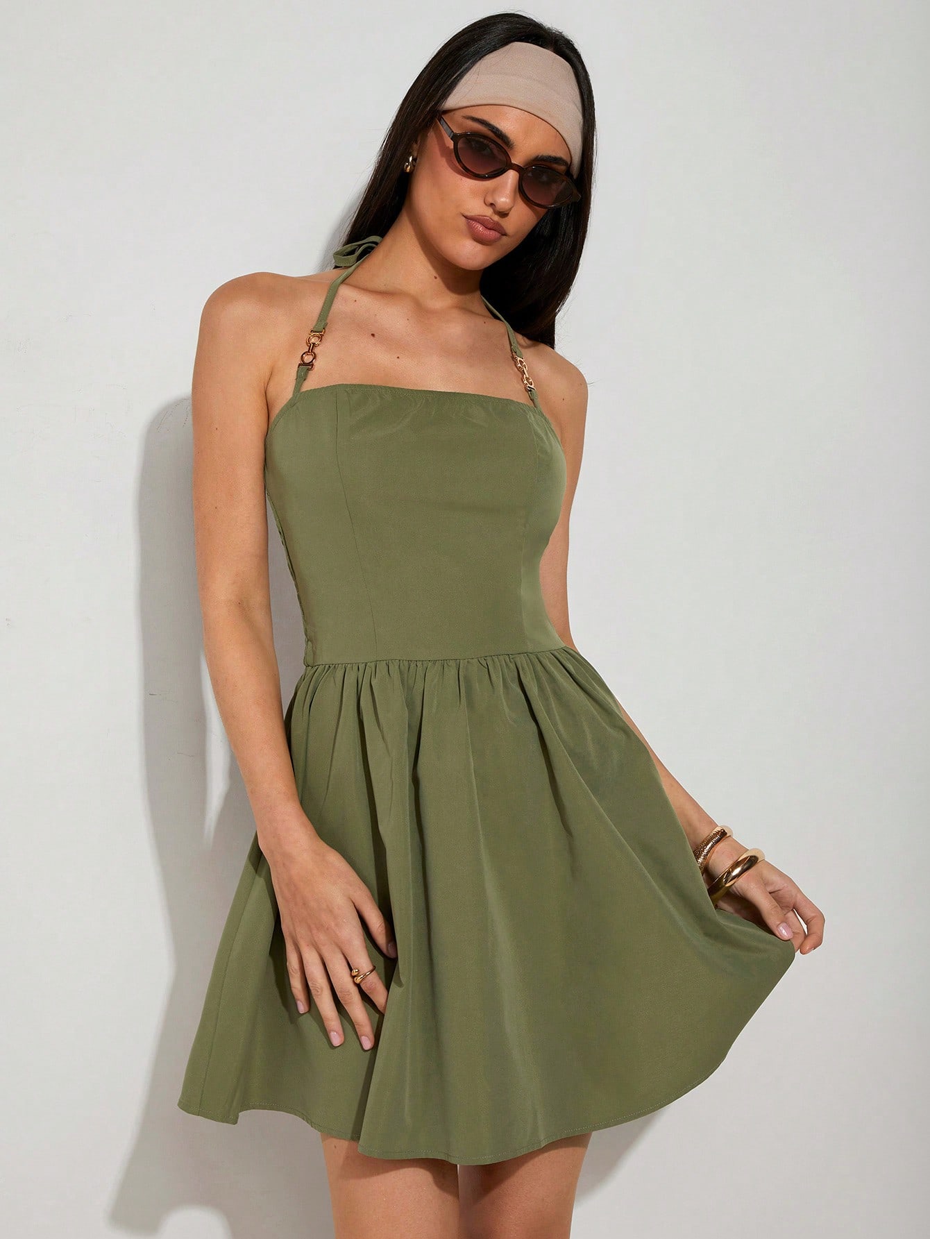 SHEIN COSMINA Women's Green Halter Mini Dress