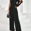 SHEIN Firerie Asymmetrical Neck Split Sleeve Chain Detail Wide Leg Jumpsuit