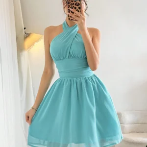 SHEIN Privé Women's New Elegant Halter Flared Short Dress