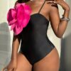 SHEIN Slayr 1pc Solid Black Plunging Neckline Floral One-Piece Swimsuit