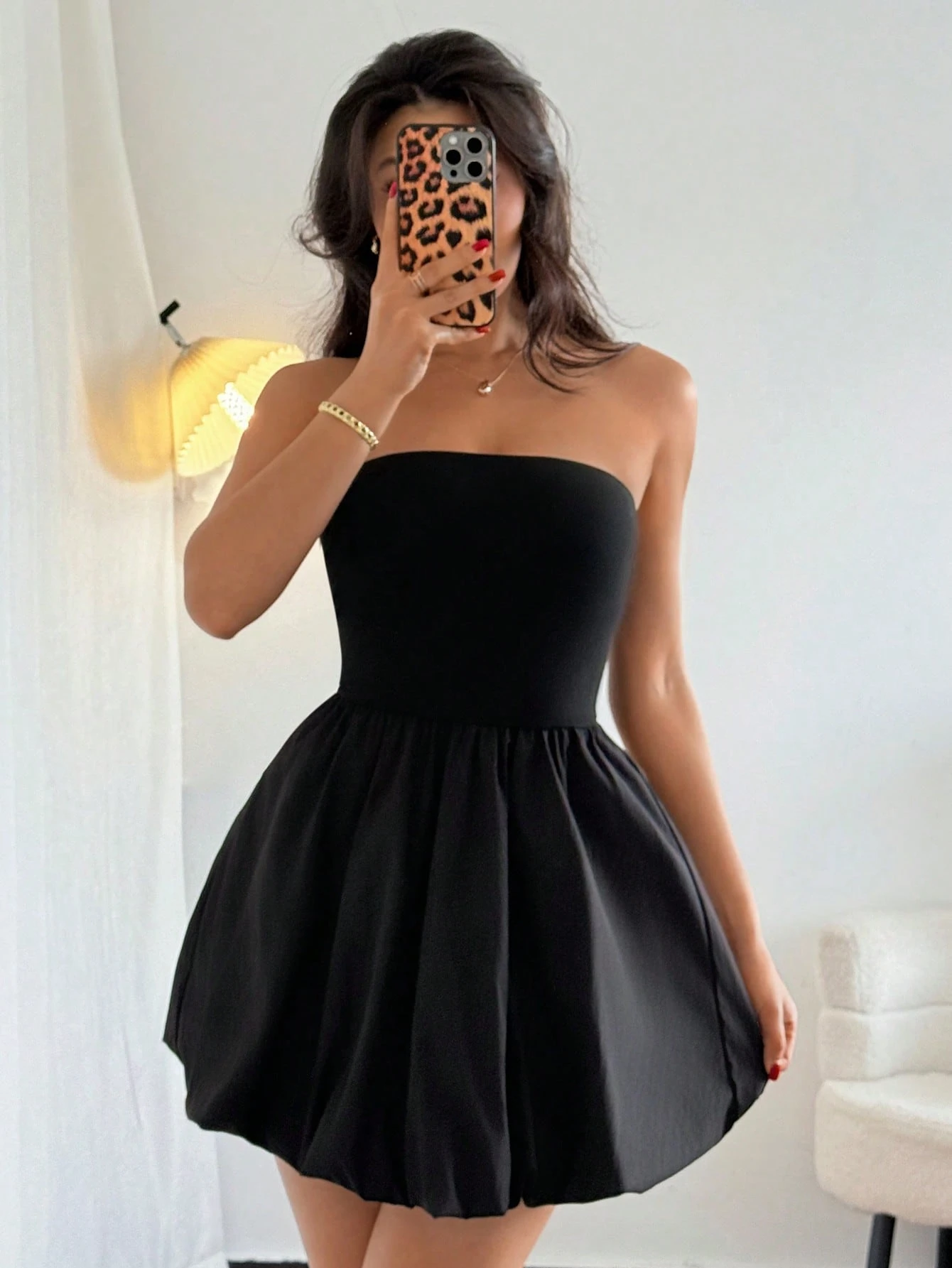 SHEIN Strévra Women Strapless Gathered Waist Fluffy Short Dress