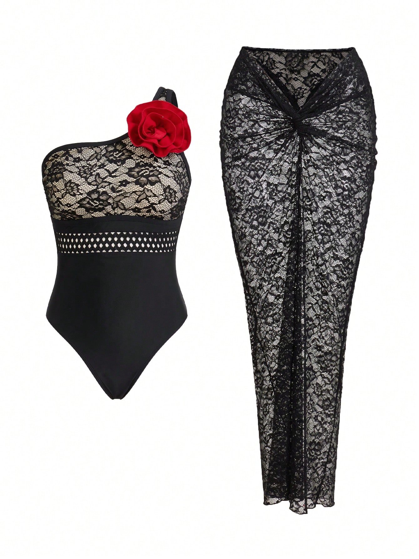 SHEIN Swim Oasis Women's Black Lace One Shoulder