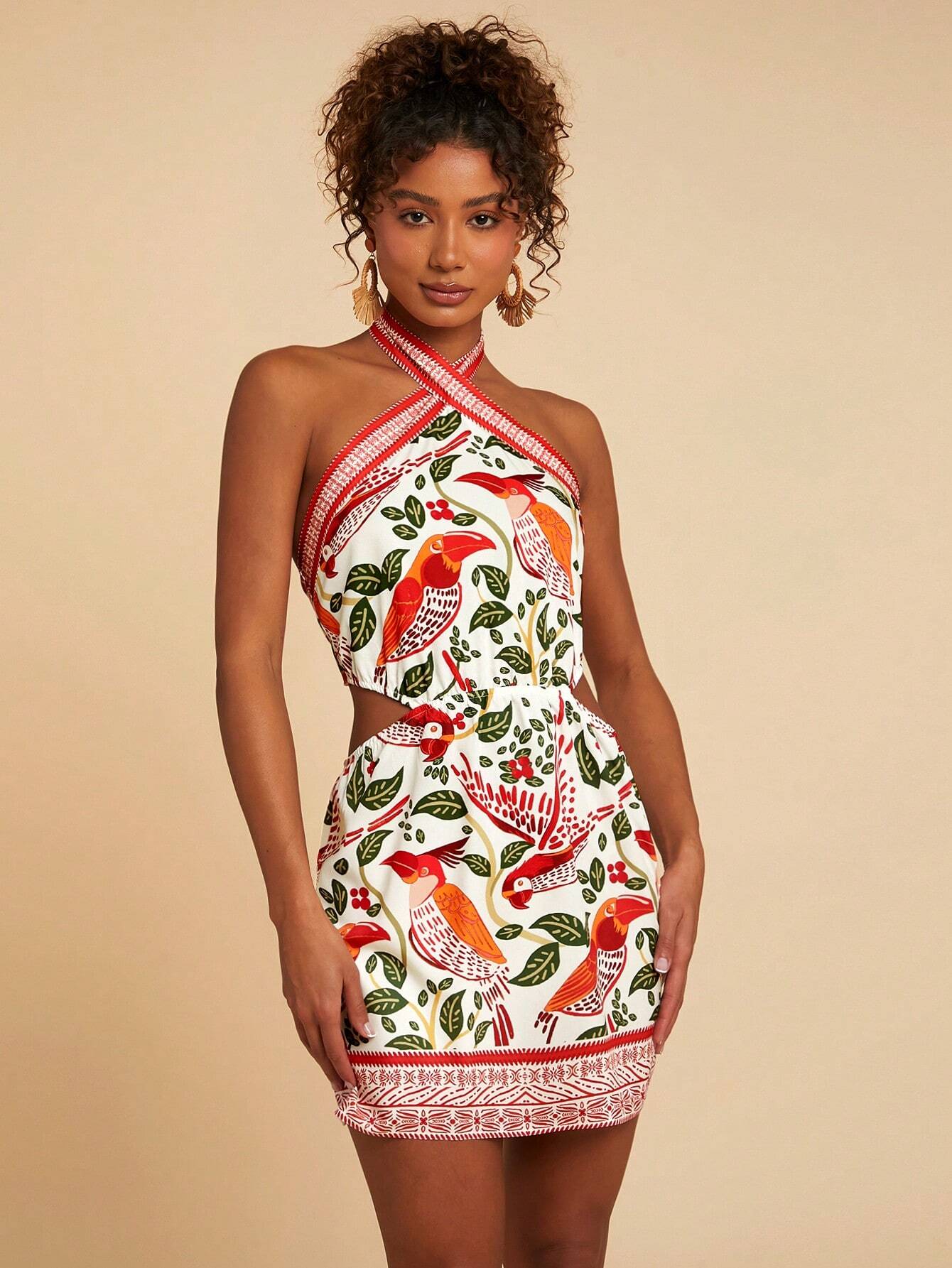 SHEIN Travachic Vacation Chiffon Backless Halter Neck Print Mini Dress