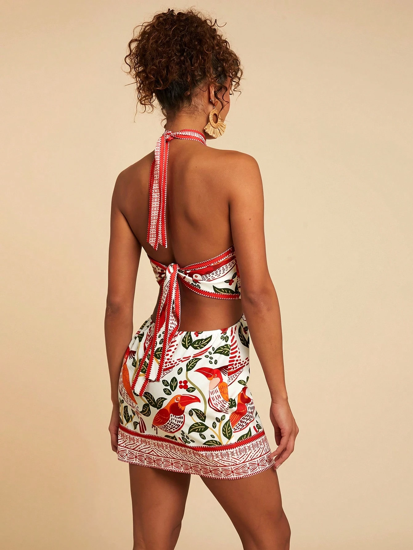 SHEIN Travachic Vacation Chiffon Backless Halter Neck Print Mini Dress