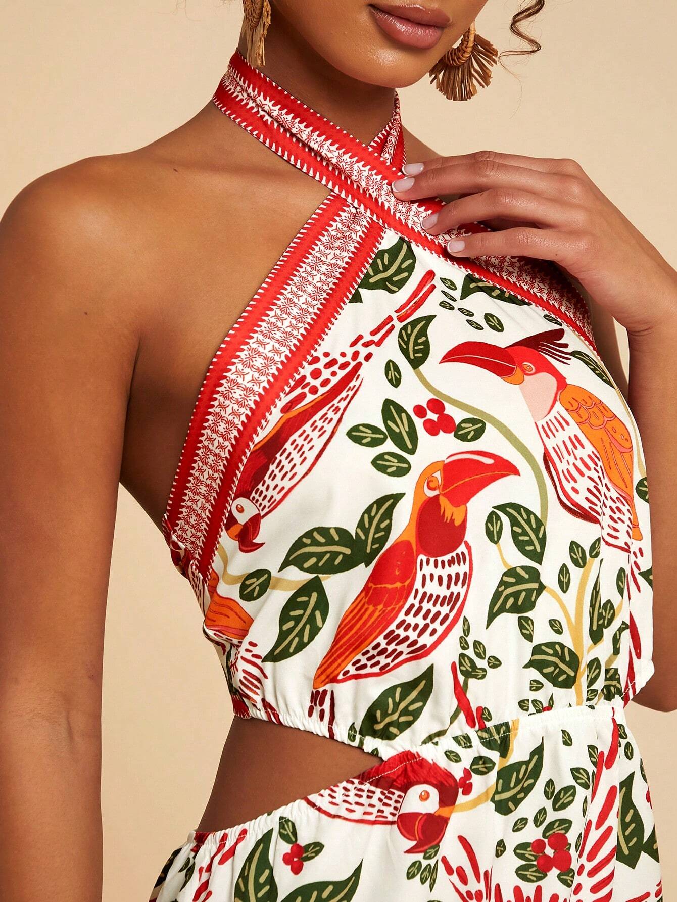 SHEIN Travachic Vacation Chiffon Backless Halter Neck Print Mini Dress