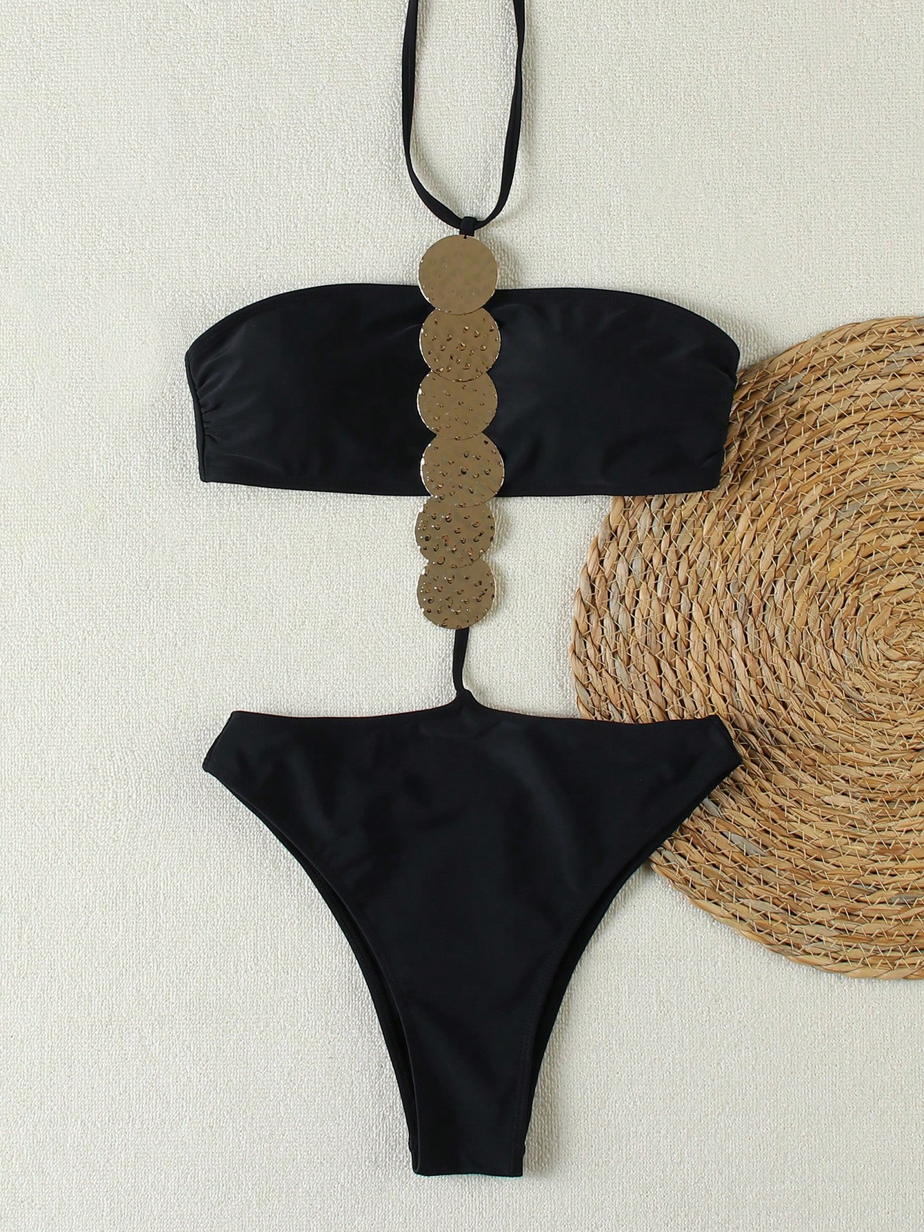 SHEIN Sexy Metal Decor Hollow Out Halter Monokini Swimsuit