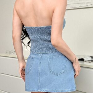 SHEIN K-Vae Women Single-Breasted Fitted Halter Top And Pleated Denim Skirt