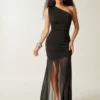 SHEIN Vixey Solid Mesh One Shoulder Sheer Hem Maxi Dress